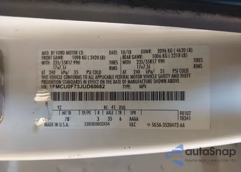 2018 Ford Escape S из США, поврежденный, VIN 1FMCU0F73JUD60682